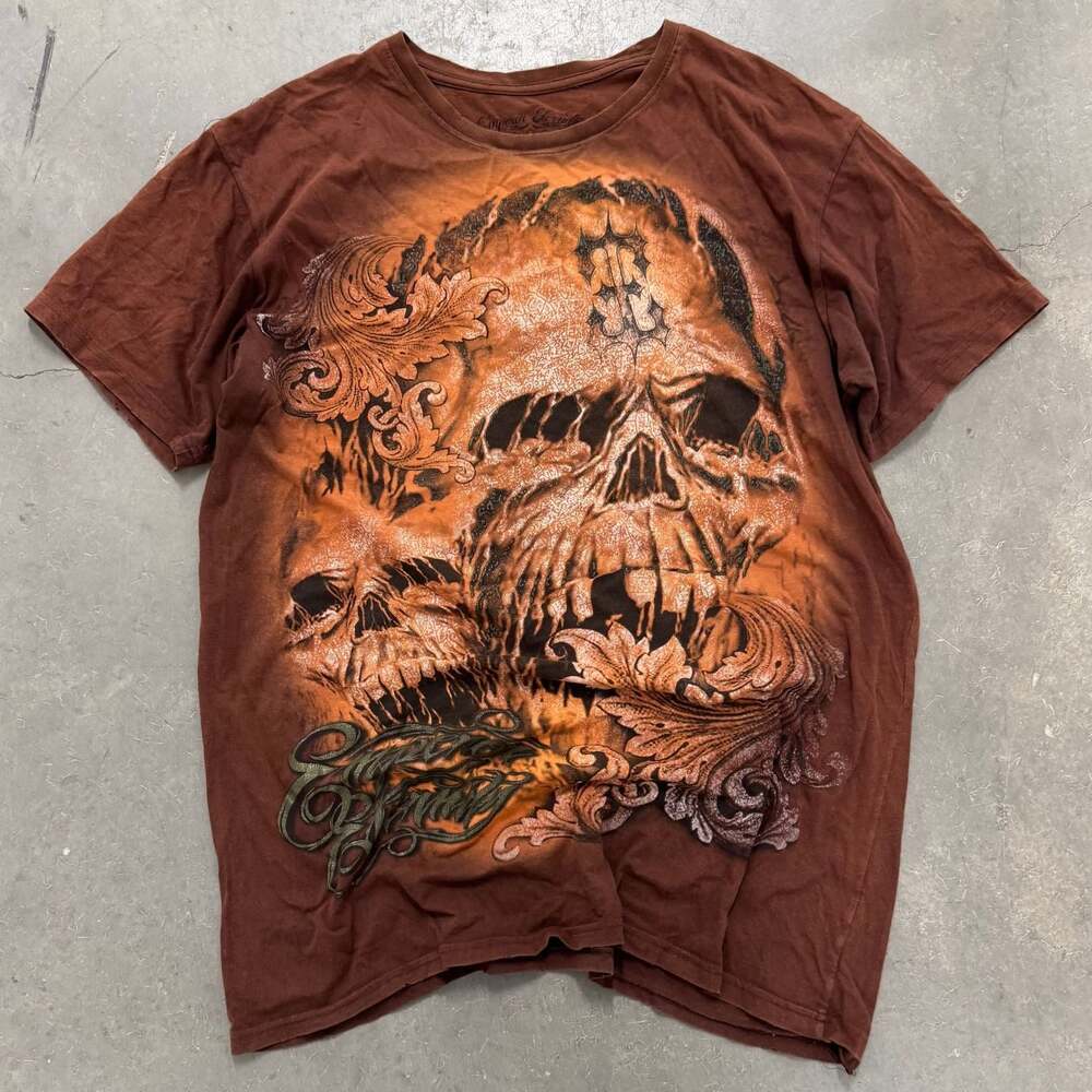 Emperor Eternity Skull Graphic Tee Y2K Biker Tattoo Shirt Brown Orange L